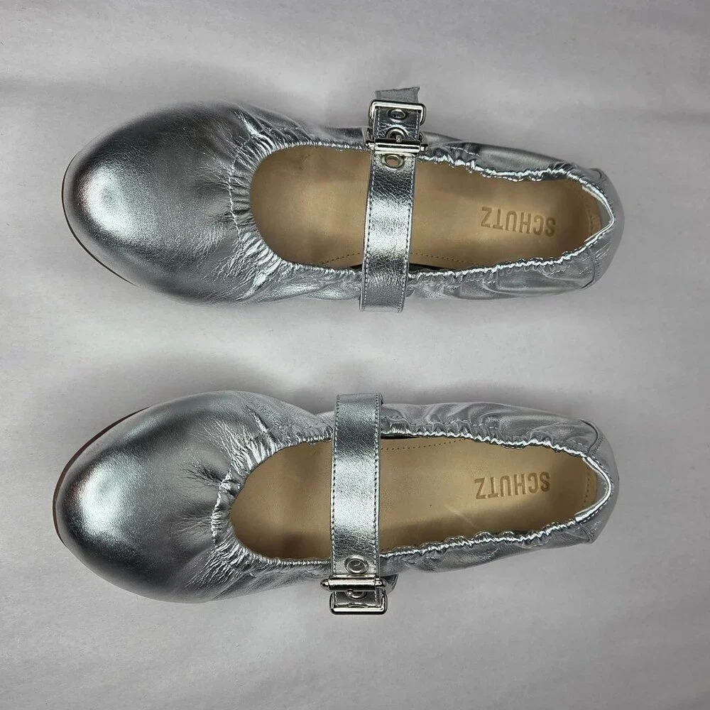 NWT Schutz Women's Calita Metallic Silver Leather Ballerina Flats